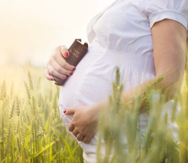 Expecting mother standing in a wheat field holding a bible with pro life bible verses
